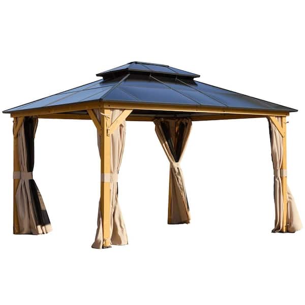 Unbranded 13 ft. x 15 ft. Wood Gazebo with Black Double Polycarbonate Hardtop Roof, Outdoor Gazebo for Garden, Backyard Shade