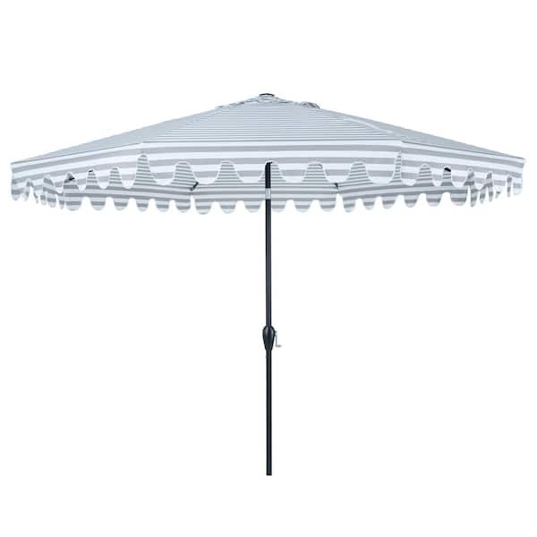 PolyTeak 11 ft. Crank and Push Button Tilt Patio Market Umbrella in Stripe Gray White