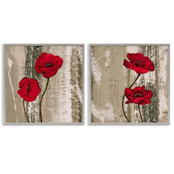 Stupell Industries Bright Red Blooms on Rustic by Brian Foster 2 Pieces Gray Framed Nature Giclee Art Print 17 in. x 17 in.