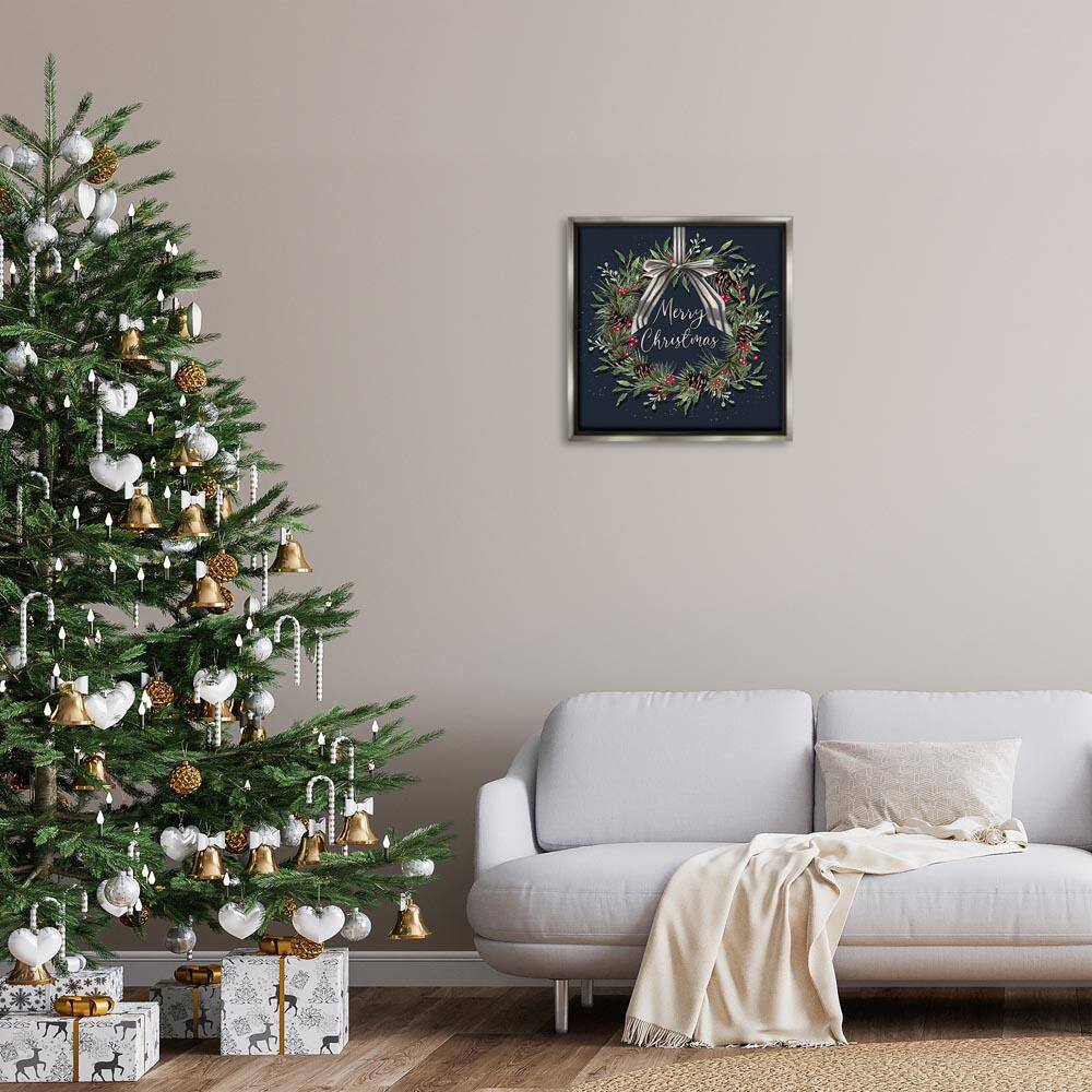 Hanging Christmas Wreath with Bow by Elizabeth Tyndall Gray Floater Frame Typography Graphic Art Print 25 in. x 25 in. price history on PriceWatchPro
