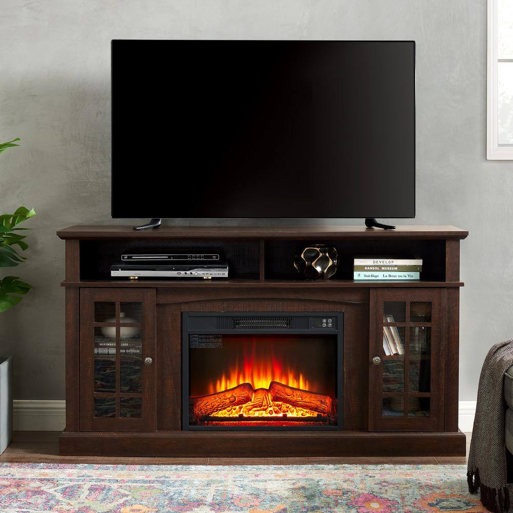 58.25 in. Classic Freestanding Electric Fireplace TV Stand with Open and Closed Storage Space, Espresso -  ToolCat, MGG70-53-EH