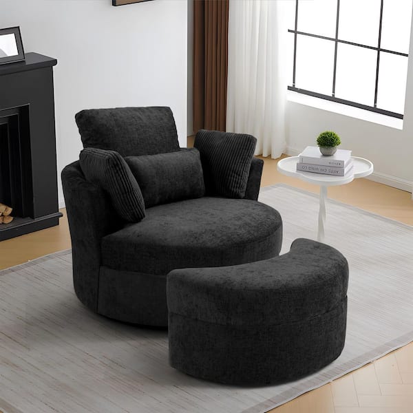 Uixe Black Cotton Upholstered 360° Swivel Accent Barrel Chair with Storage Ottoman and Corduroy Pillows (Set of 1)