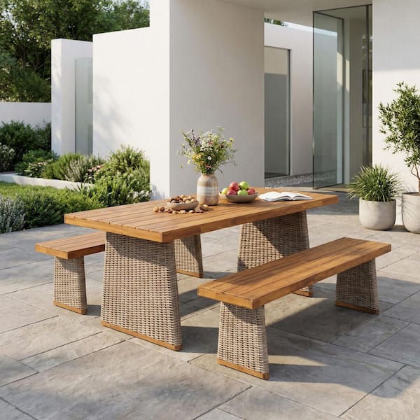 Brown 3-Piece Acacia Wood Outdoor Dining Set with Handwoven Rattan Legs and Slatted Design
