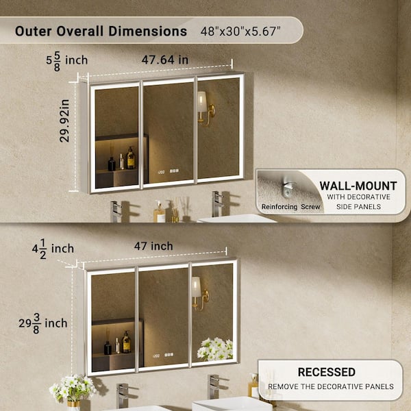Nova 48 in. W x 30 in. H Rectangular Aluminum Recessed/Wall Mount Dimmable Fogless Lighted Medicine Cabinet with Mirror