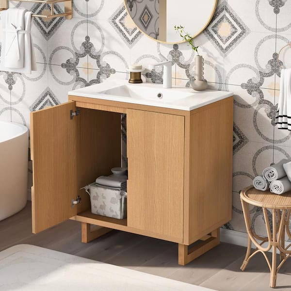 29.50 in. W x 18.10 in. D x 35.10 in. H Bathroom Vanity in Natural Wood with Cultured Marble Top and Cabinet