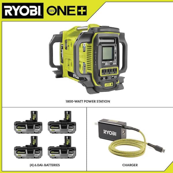 RYOBI - 18V ONE+ 1800-Watt Portable Battery Inverter Power Station/8-Port Charger with (4) 6.0Ah Batteries