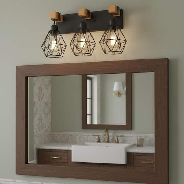 20 in. 3-Light Black Wood Farmhouse Vanity Light, Rustic Wood and Metal Bathroom Wall Sconce Over Mirror