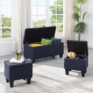 3Pcs Dark Blue Fabric Large Storage Ottoman Bench Set, Line Bedroom End of Bed Storage Bench with 2 Ottoman Footrest