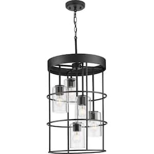 Burgess Collection 15-1/2 in. 5-Light Matte Black Modern Farmhouse Hall Foyer Light with Clear Seeded Glass Shades