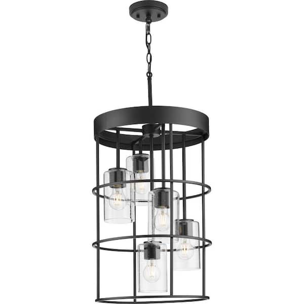 Burgess Collection 15-1/2 in. 5-Light Matte Black Modern Farmhouse Hall Foyer Light with Clear Seeded Glass Shades