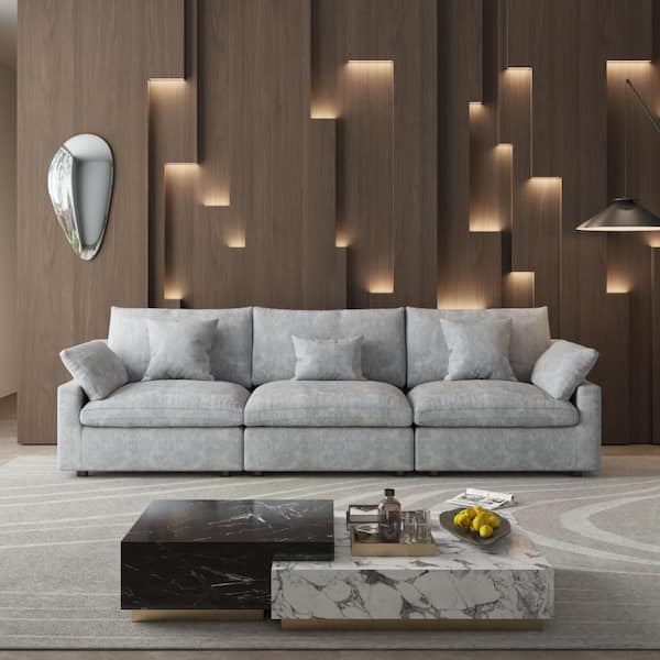 J&E Home 119.2 in. Square Arm 3-piece Linen Modular Sectional Sofa in. Gray, Living Room Couch, Customizable Design
