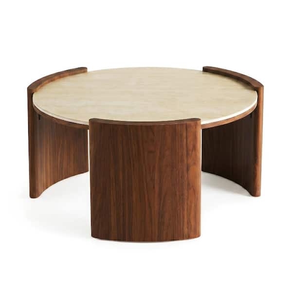 31.5 in. Glossy Cream Travertine Round Sintered Stone Coffee Table with Thick Walnut Slab Legs and Protective Rim