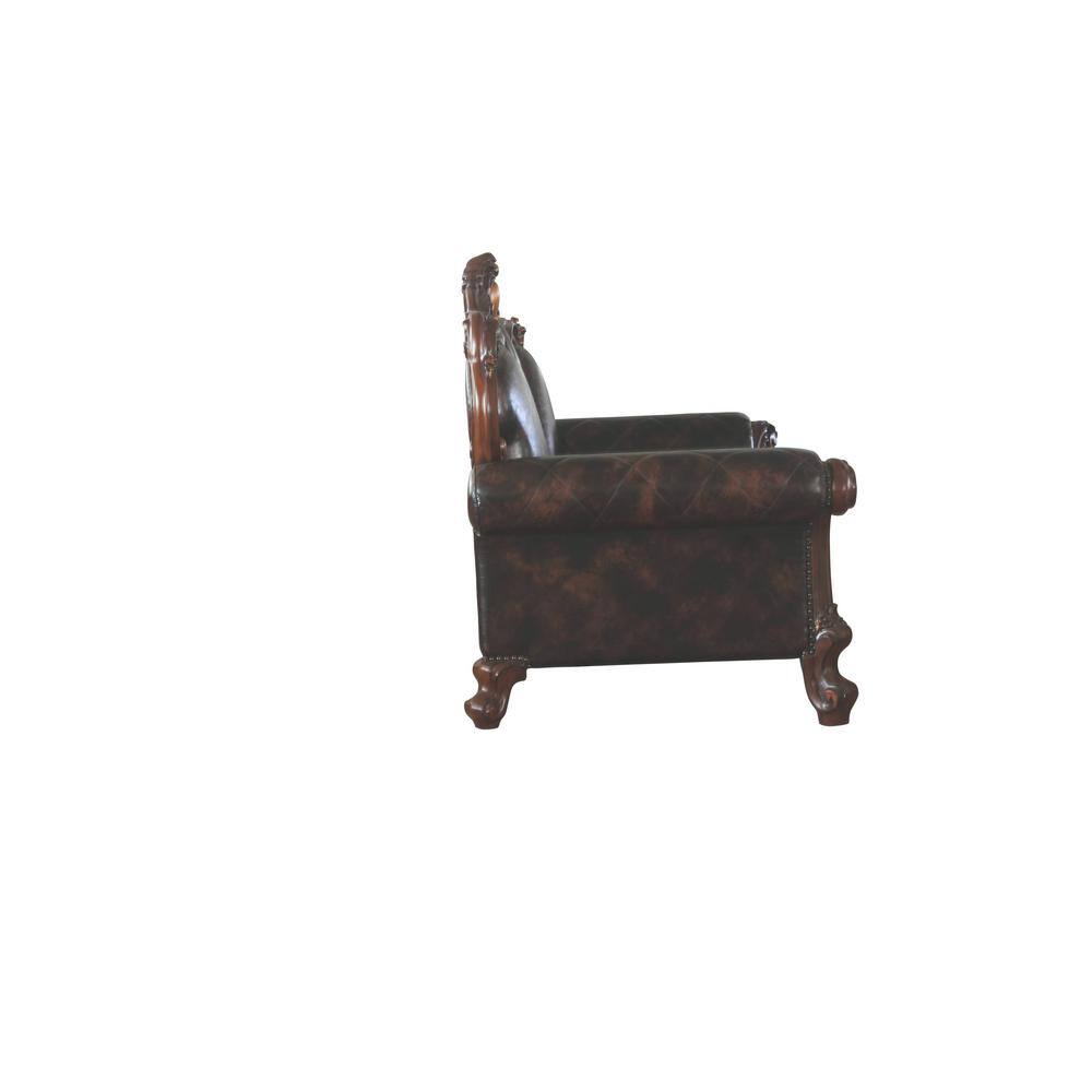Vintage Cherry Oak Faux Leather Tufted Sofa with Nailhead Trim