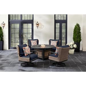 Hazelhurst 5-Piece Brown Wicker Outdoor Patio Fire Pit Seating Set with CushionGuard Midnight Navy Blue Cushions