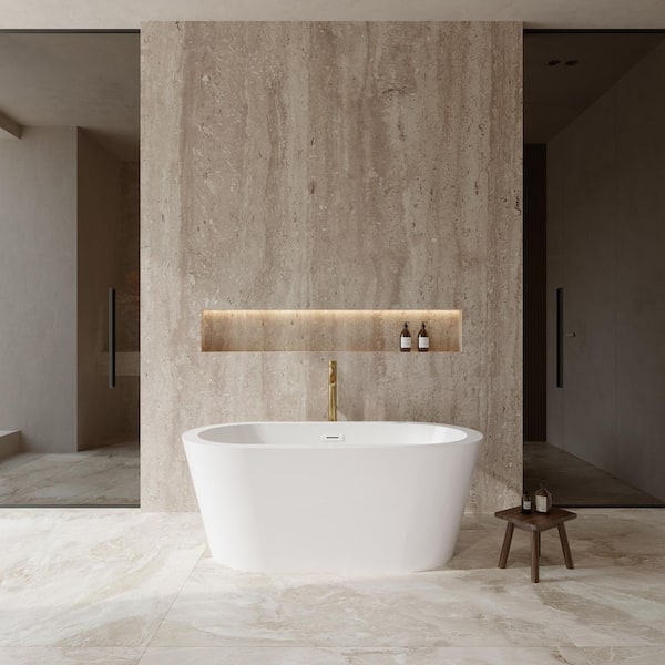 Mermaid 59.75 in. Acrylic Flatbottom Bathtub in White with Shiny White Trim and Brushed Gold Faucet