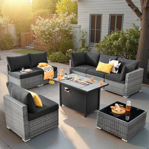 HOOOWOOO Messi Gray 8-Piece Wicker Outdoor Patio Conversation Sectional Sofa Set with a Metal Fire Pit and Black Cushions