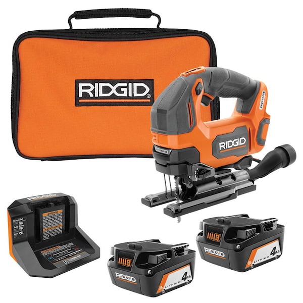RIDGID 18V Brushless Cordless Jig Saw with (2) 4.0 Ah Batteries, Charger, and Bag