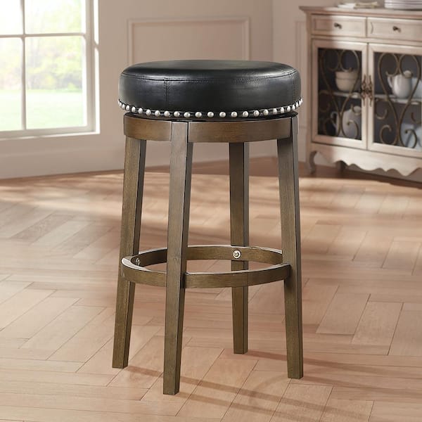 Paran 30 in. Brown Wood Round Swivel Pub Height Stool with Black Faux Leather Seat (Set of 2)