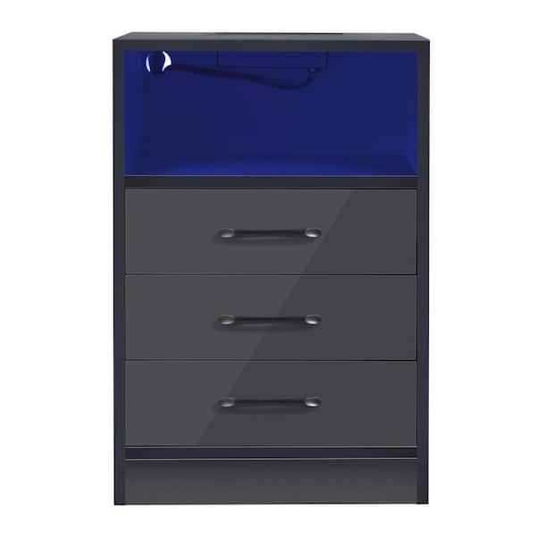 Angel Sar 3-Drawer LED Gray Nightstand with USB Charging Ports 15.7 in. W x 13.8 in. D x 23.6 in. H