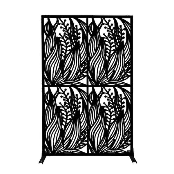 6 ft. H x 3.8 ft. W Metal Decorative Garden Fence, Outdoor Privacy Screens Privacy Fence Panels with Stand in Leaf Black
