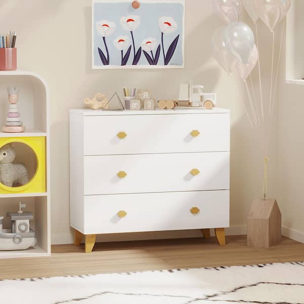 White 3 Chest of Drawers 31.29 in. Wide Kids Dresser with Cloud Handles and Pine Legs