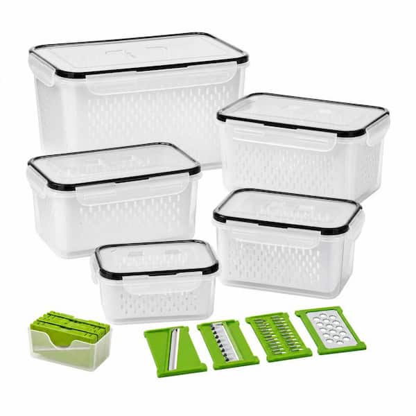 5 Piece Fruit Storage Containers with Removable Colander and Chopper, Leakproof Fridge Organizer Set