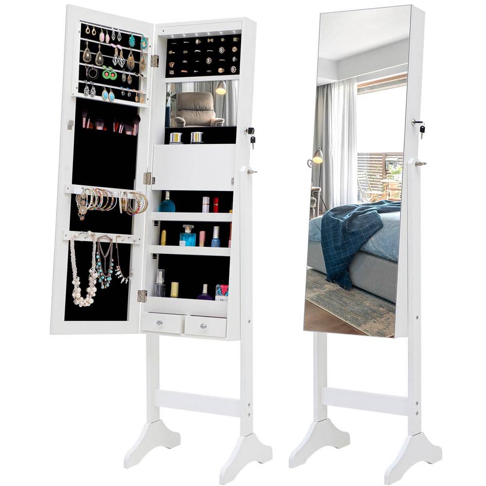 FUFU&GAGA White Wood 30.5 in. Width Jewelry Armoire with Dimming LED  Lighted Sliding Mirror, Shelves, Hooks, Wall Mounted KF180157-01-c - The  Home Depot