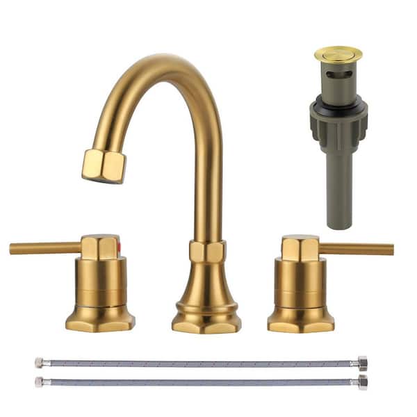 AVITAS 8 in. Widespread 3 Hole Double Handle Bathroom Faucet with Pop Up Drain and Supply Hose in Brushed Gold