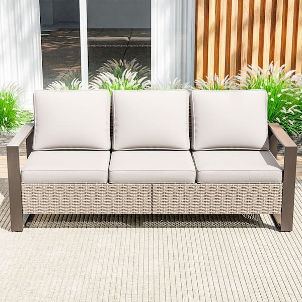3-Seat Wicker Outdoor Couch Patio Sofa with Metal Frame Armrests and Beige Cushions