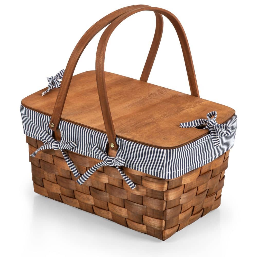 Picnic Time Kansas Navy Blue and White Stripe Handwoven Wood Picnic Basket 350-01-211-0000