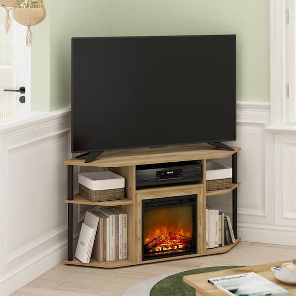 Furinno Jensen 47.09 in. Freestanding Wood Smart Electric Corner Fireplace TV Stand in Flagstaff Oak/Black
