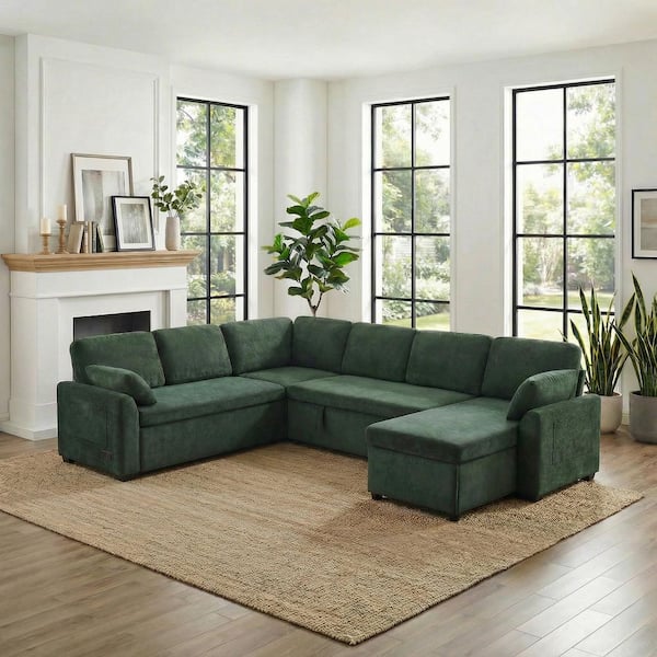 Zervon Modern 111.2 in. Chenille Upholstered U-shaped Sectional Sofa Bed in. Green with Side Pockets & Charging ports