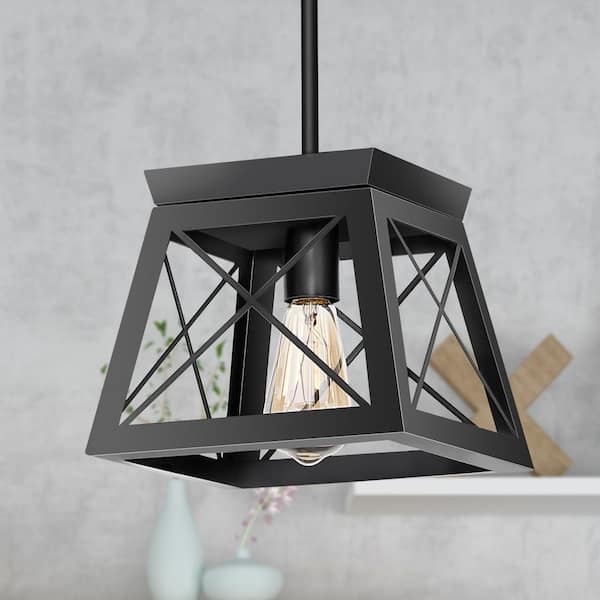 YANSUN 1-Light Matte Black Pendant with Geometric Metal Cage
