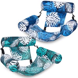 Green and Blue Tropical Leaf Style of Inflatable Floating Pool Chair Lounge for Adults (2-Pack)
