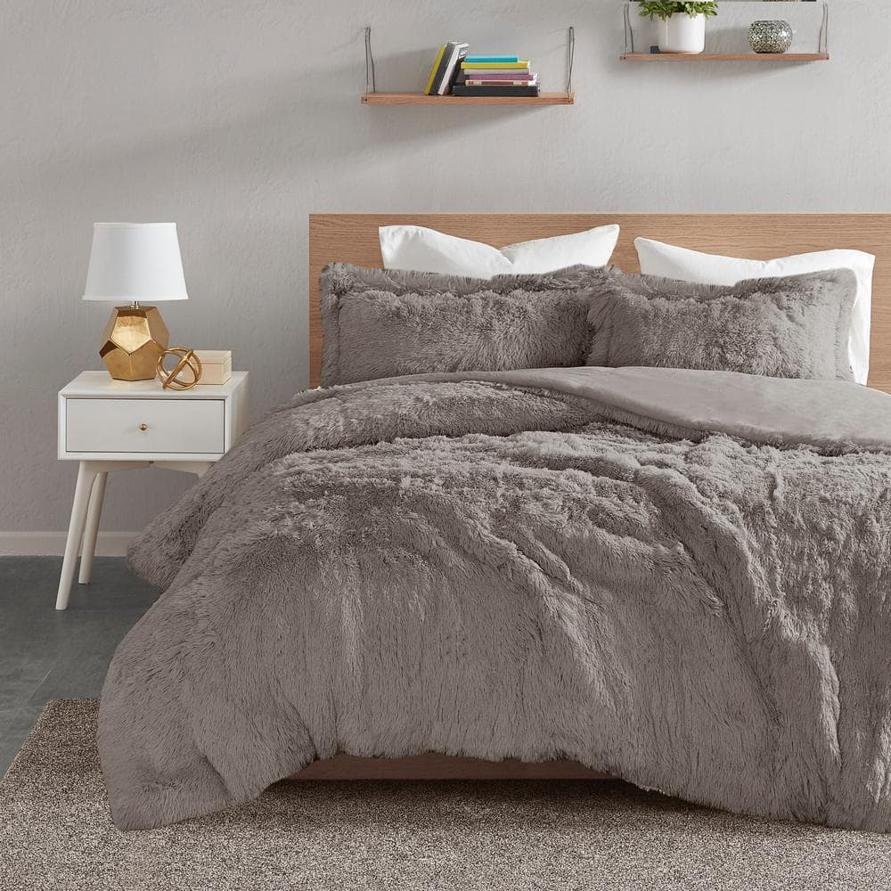 King Gray Shaggy Faux Fur Bedspread Cover Set