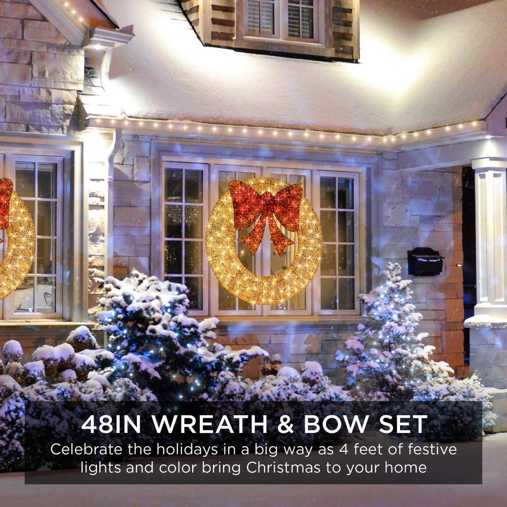 48-Inch Gold and Red Pre-Lit Outdoor Christmas Wreath with LED Lights