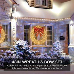 48 in. Gold Pre-Lit LED Outdoor Artificial Christmas Wreath with140-Lights and Red Bow