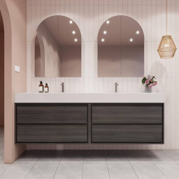 BV Better Vanity Saggie 84 in. W x 20 in. D x 28 in. H Double Sink Floating Bath Double Vanity in Dark Gray Oak with White Acrylic Top