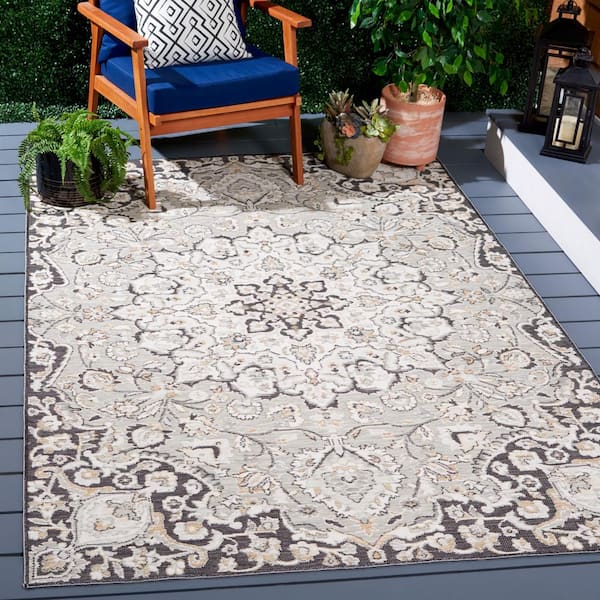 Sunrise Gray/Beige Black 4 ft. x 6 ft. Floral Medallion Reversible Indoor/Outdoor Area Rug