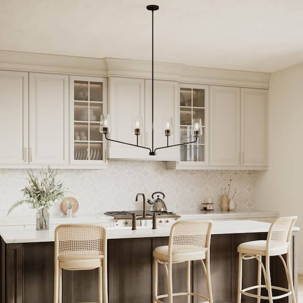 Celino 44 in. 4-Light Black Small Round Chandelier with White Glass Shades for Breakfast Nook