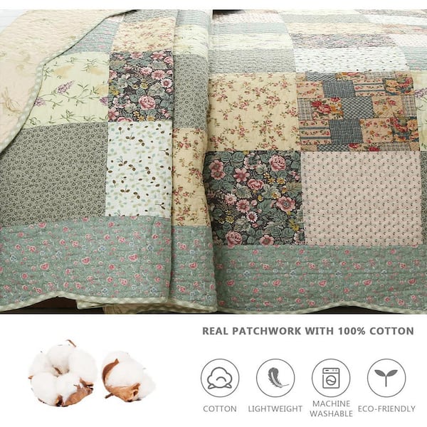 Collections Etc Floral Patchwork Quilt - Scalloped Edge, Neutral Multi Colors, Full/Queen Size