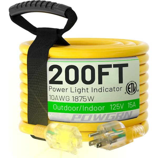 200 ft. 10/3 Heavy Duty Outdoor Extension Cord Waterproof Flexible Cold-Resistant Lighted End Power Cord