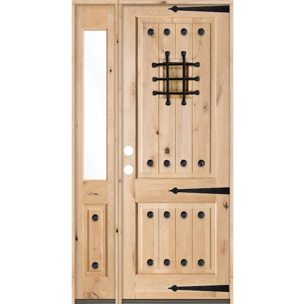 Krosswood Doors 62 in. x 96 in. Mediterranean Alder Sq Clear Low-E Unfinished Wood Right-Hand Prehung Front Door/Left Half Sidelite