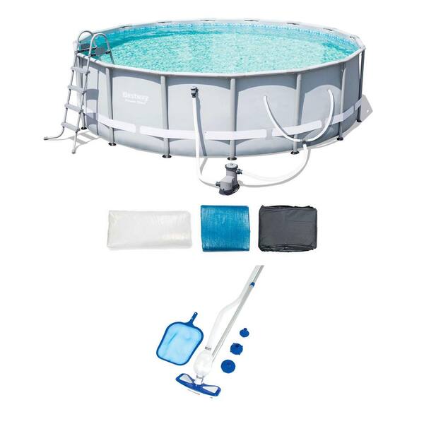Bestway 16 ft. Round 48 in. Deep Pool Set with Steel Frame Hard Side plus Cleaning and Maintenance Accessories Kit