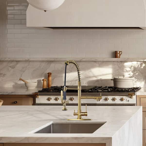 22.3 in. Commercial Double Handle Brass Pre-Rinse Spring Pull Down Sprayer Kitchen Faucet with 360° Swing Spout in Gold