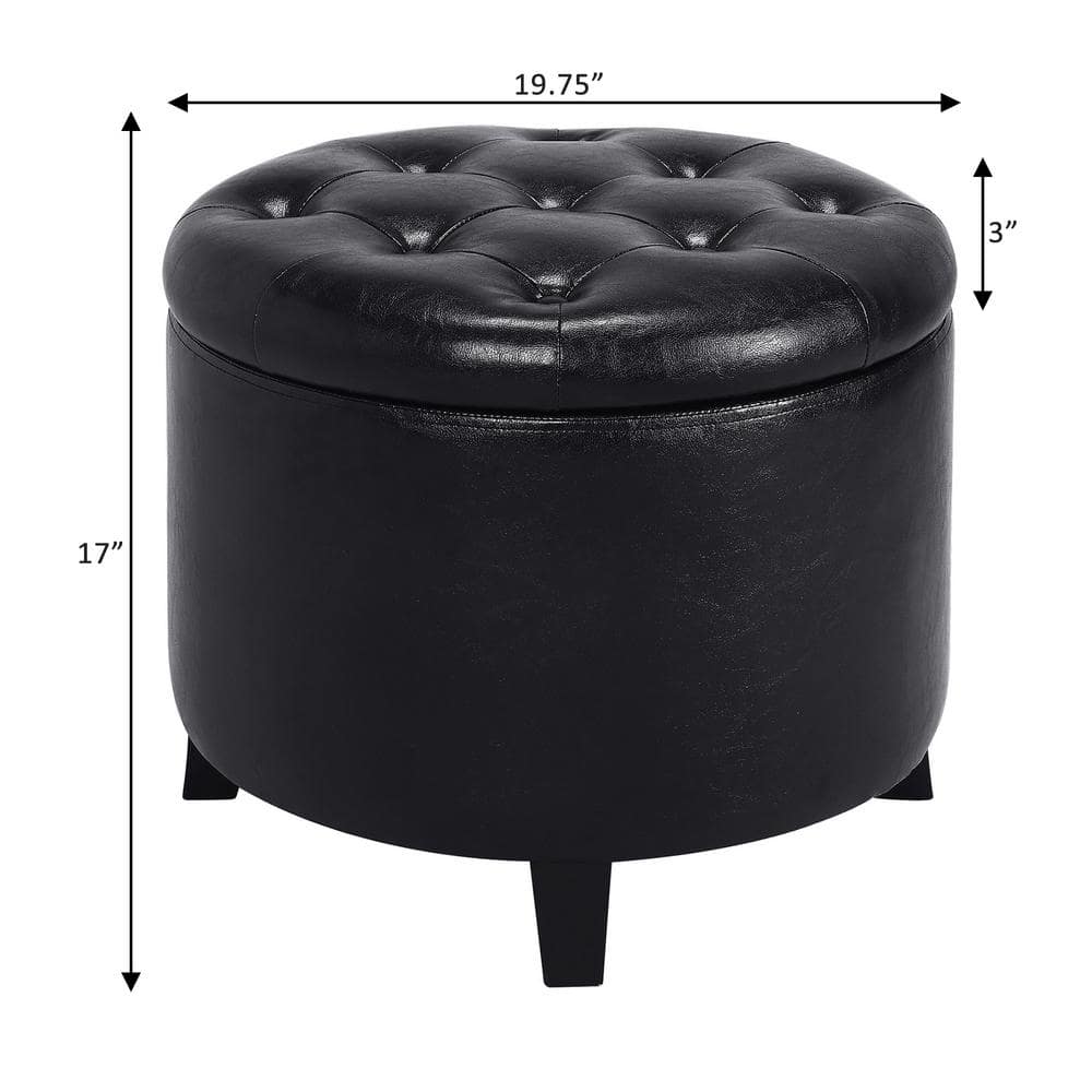 Elegant Traditional Black Faux Leather Round Storage Ottoman with Tufted Lid