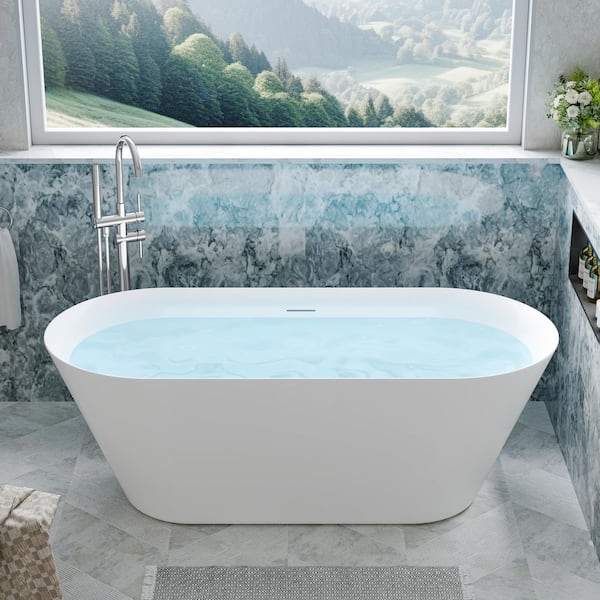 67 in. x 29 in. Acrylic Oval Flat Bottom Freestand Soaking Bathtub with Center Drain in Glossy White