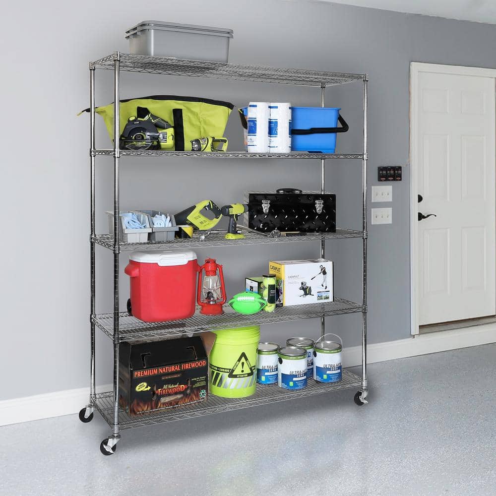 UltraDurable 5-Tier Silver Steel Shelving Unit with Wheels