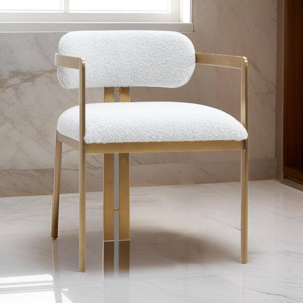 Benjara White and Gold Polyester Metal Legs Dining Armchair