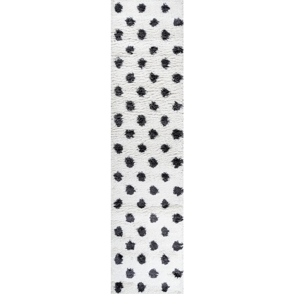 Mid-Century Ivory and Black Polka Dot Shag Rug 2'x10'